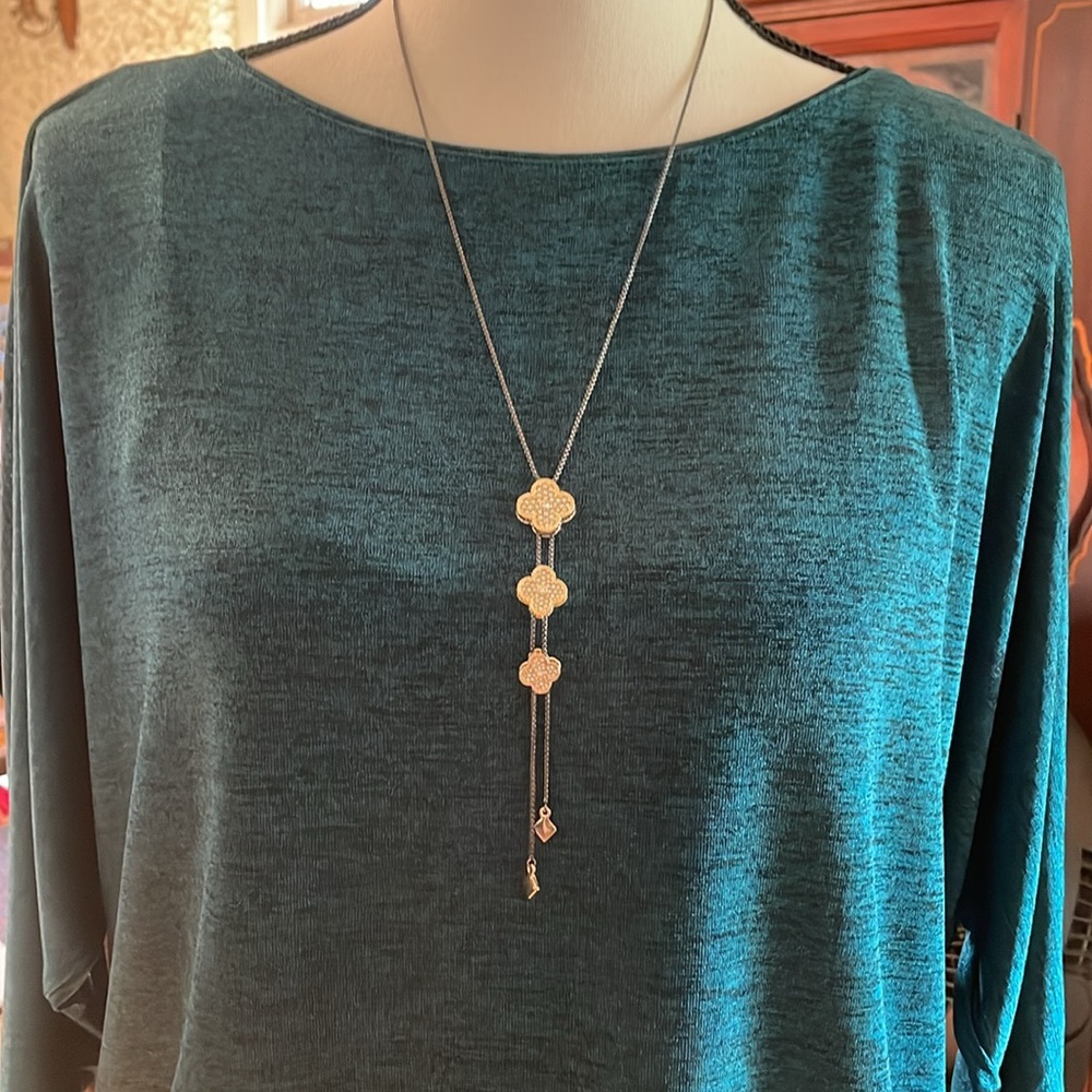 Lariat Necklace Three Gold & Crystal Tier Clover Adjustable Slide Necklace